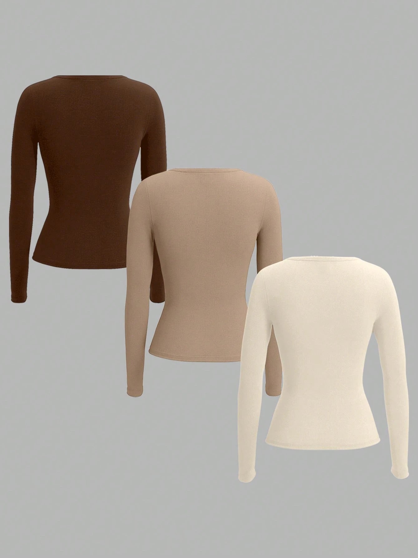 EZwear 3 Pcs/Set Plus Size Women's Tri-Color Knit T-Shirt In Brown, Khaki And Apricot, Suitable For Autumn/Winter Fall