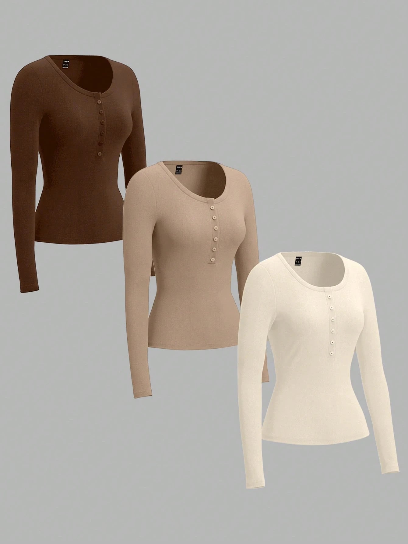 EZwear 3 Pcs/Set Plus Size Women's Tri-Color Knit T-Shirt In Brown, Khaki And Apricot, Suitable For Autumn/Winter Fall
