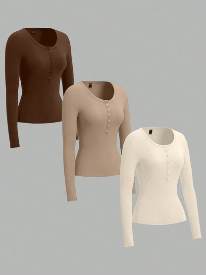 EZwear 3 Pcs/Set Plus Size Women's Tri-Color Knit T-Shirt In Brown, Khaki And Apricot, Suitable For Autumn/Winter Fall
