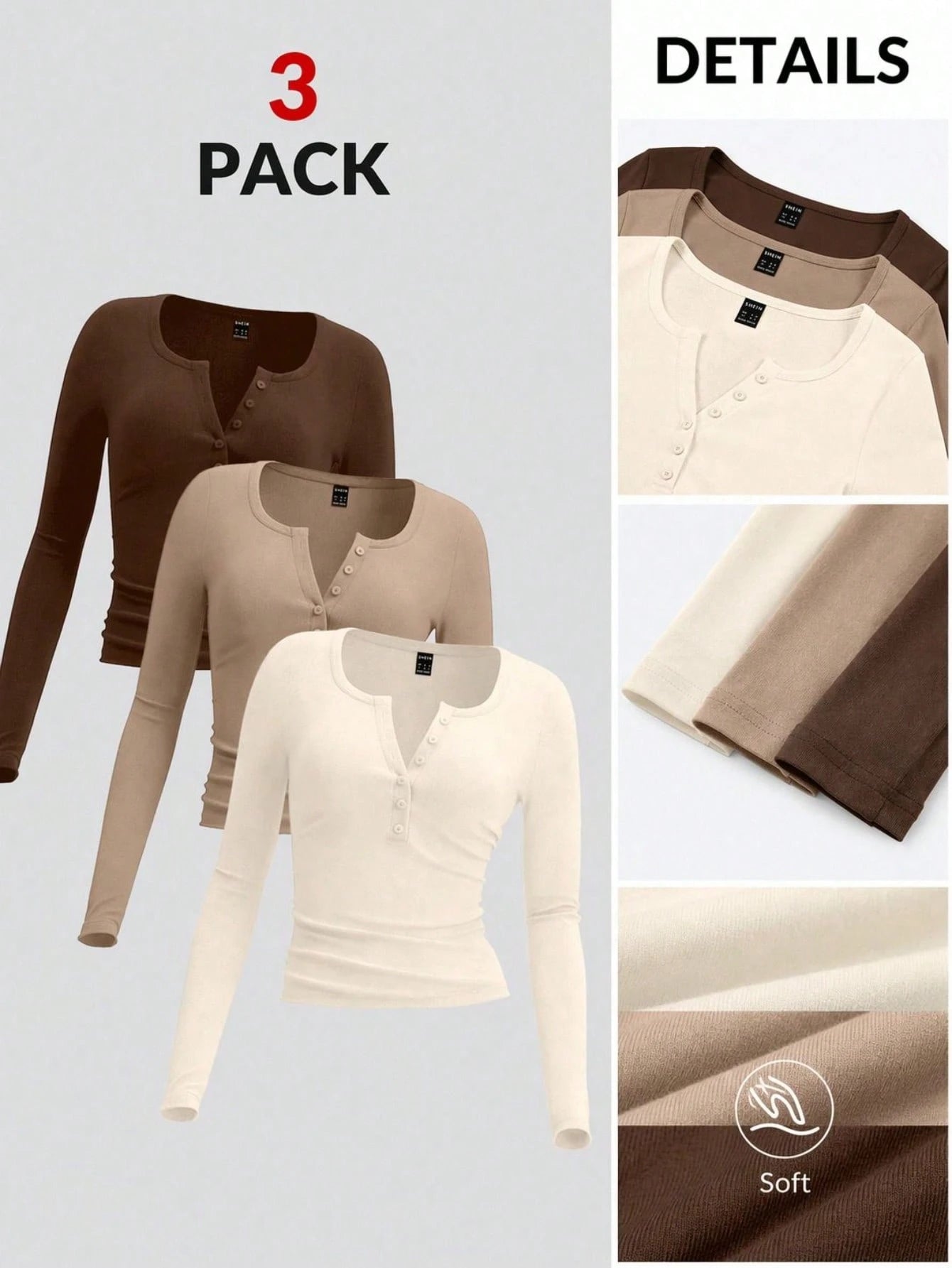EZwear 3 Pcs/Set Plus Size Women's Tri-Color Knit T-Shirt In Brown, Khaki And Apricot, Suitable For Autumn/Winter Fall