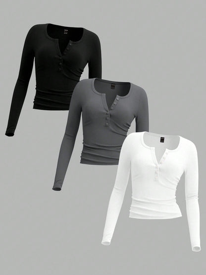 EZwear 3 Pcs/Set Plus Size Women's Tri-Color Knit T-Shirt In Brown, Khaki And Apricot, Suitable For Autumn/Winter Fall