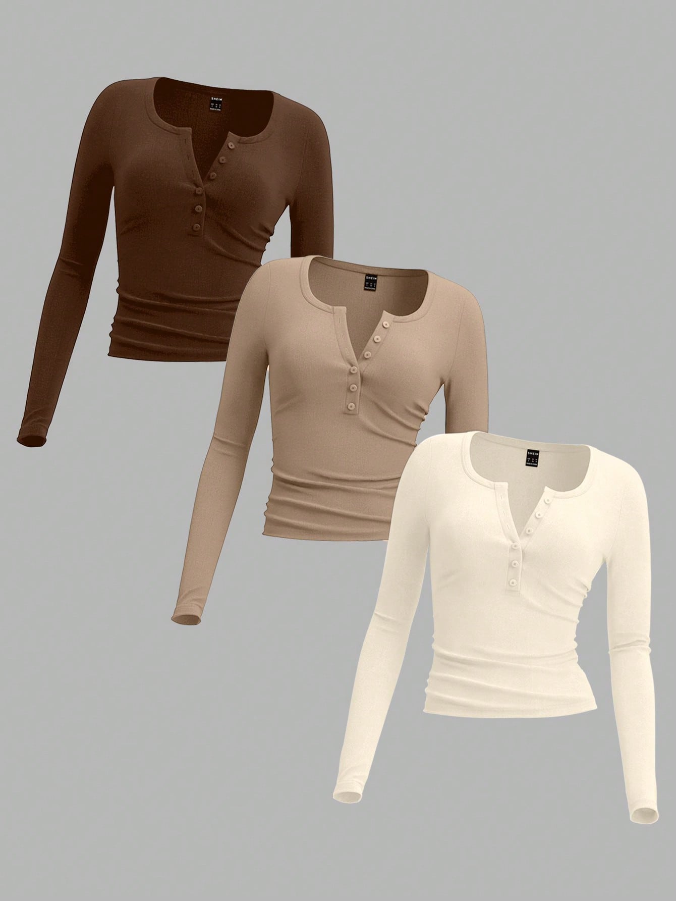 EZwear 3 Pcs/Set Plus Size Women's Tri-Color Knit T-Shirt In Brown, Khaki And Apricot, Suitable For Autumn/Winter Fall