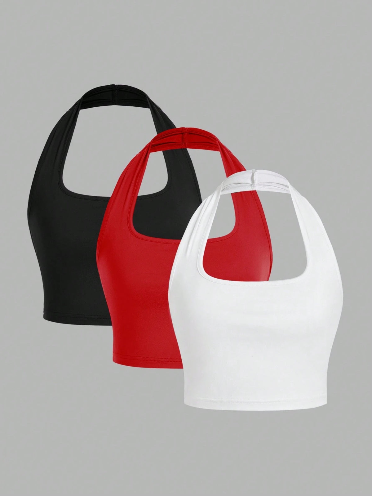 EZwear 3pcs Crop Casual Halter Neck Slim Fit Women Tank Top, Summer Back To School