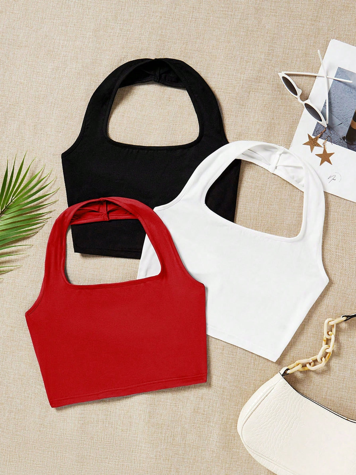 EZwear 3pcs Crop Casual Halter Neck Slim Fit Women Tank Top, Summer Back To School