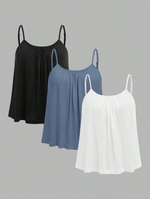 EZwear 3pcs Plus Size Women Pleated Loose Camisole Adjustable Strap Top, Suitable For Spring And Summer Back To School