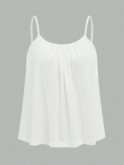 EZwear 3pcs Plus Size Women Pleated Loose Camisole Adjustable Strap Top, Suitable For Spring And Summer Back To School