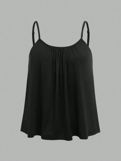EZwear 3pcs Plus Size Women Pleated Loose Camisole Adjustable Strap Top, Suitable For Spring And Summer Back To School