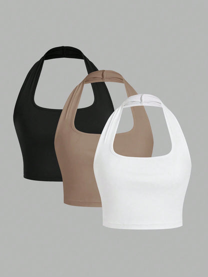EZwear 3pcs/Set Women's Casual Cropped Racerback Tank Tops, Summer
