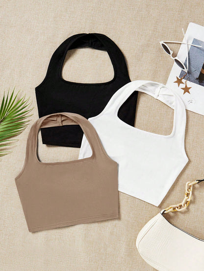 EZwear 3pcs/Set Women's Casual Cropped Racerback Tank Tops, Summer
