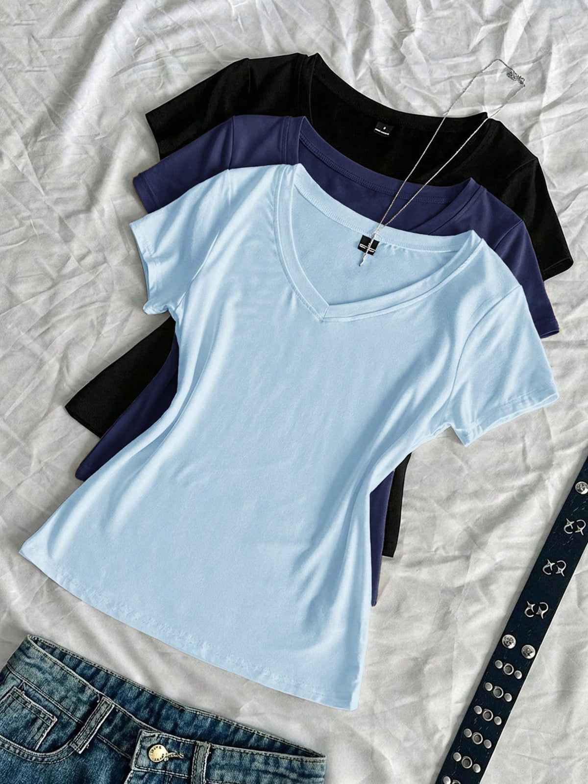 EZwear 3pcs Women's Summer V-Neck Tight T-Shirts Punk Casual Solid Color Short Sleeve Slim Fit Everyday Baby Blue Everyday Everyday