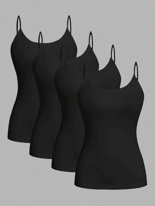 EZwear 4pcs Black Casual Minimalist Camisole Tank Tops For Women, Suitable For Summer,Black Tops