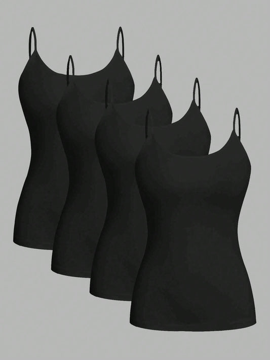 EZwear 4pcs Black Casual Minimalist Camisole Tank Tops For Women, Suitable For Summer,Black Tops
