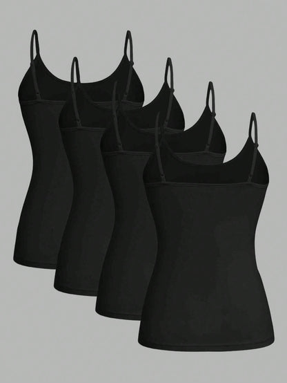 EZwear 4pcs Black Casual Minimalist Camisole Tank Tops For Women, Suitable For Summer,Black Tops
