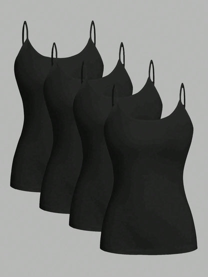 EZwear 4pcs Black Casual Minimalist Camisole Tank Tops For Women, Suitable For Summer,Black Tops