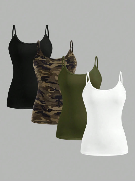 EZwear 4pcs Pack Women Casual Minimalist Camisole Tank Top, Suitable For Summer Back To School