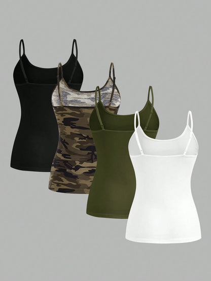 EZwear 4pcs Pack Women Casual Minimalist Camisole Tank Top, Suitable For Summer Back To School