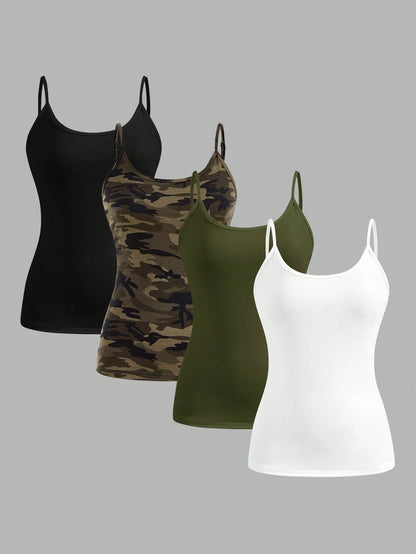 EZwear 4pcs/Set Plus Size Women Casual Camouflage & Solid Color Camisole Tops, Suitable For Summer