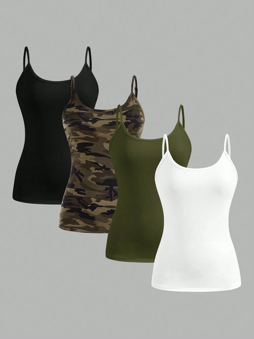 EZwear 4pcs/Set Plus Size Women Casual Camouflage & Solid Color Camisole Tops, Suitable For Summer