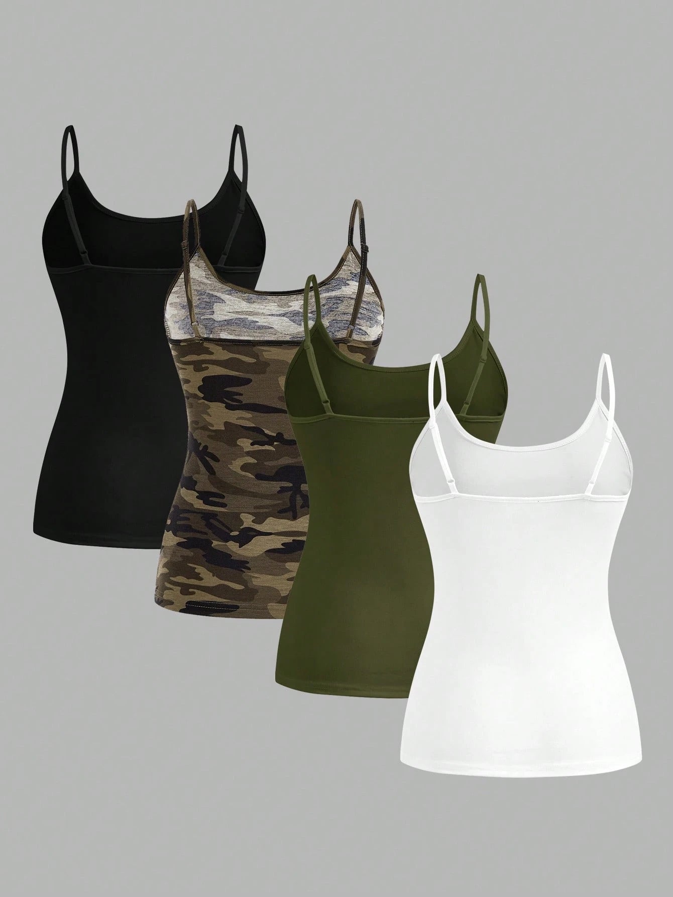 EZwear 4pcs/Set Plus Size Women Casual Camouflage & Solid Color Camisole Tops, Suitable For Summer