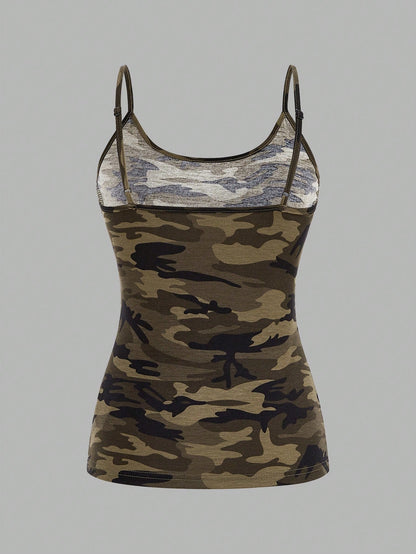 EZwear 4pcs/Set Plus Size Women Casual Camouflage & Solid Color Camisole Tops, Suitable For Summer