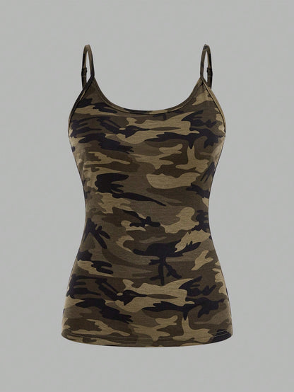 EZwear 4pcs/Set Plus Size Women Casual Camouflage & Solid Color Camisole Tops, Suitable For Summer