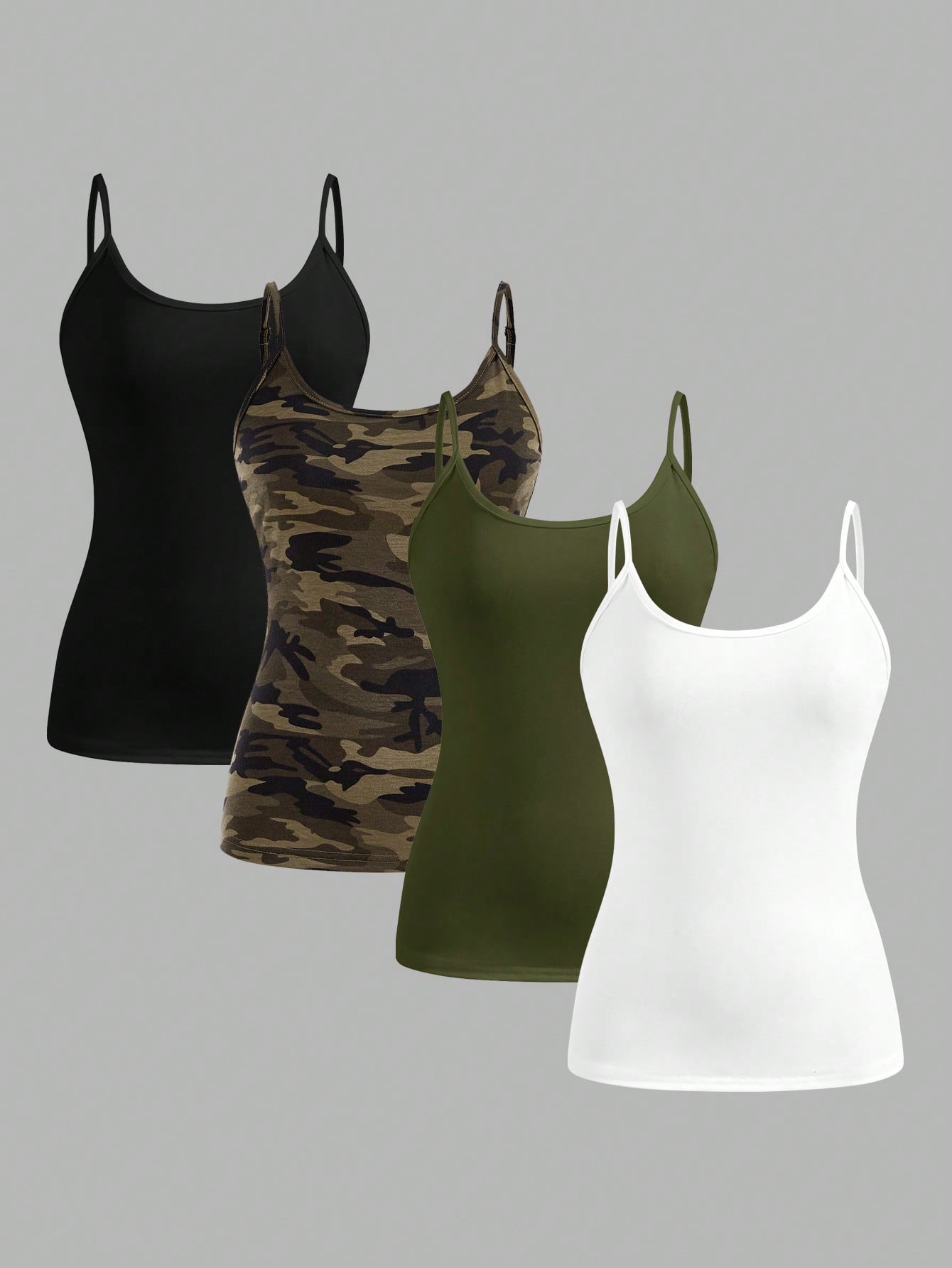 EZwear 4pcs/Set Plus Size Women Casual Camouflage & Solid Color Camisole Tops, Suitable For Summer