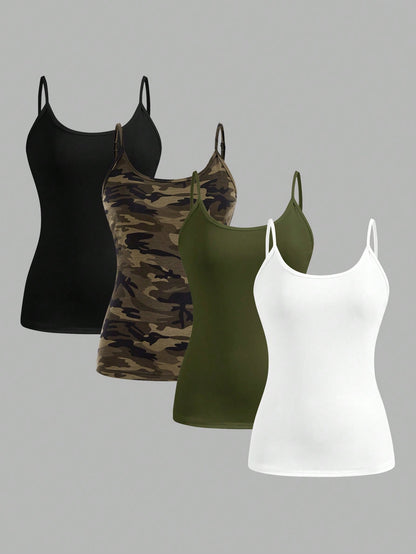 EZwear 4pcs/Set Plus Size Women Casual Camouflage & Solid Color Camisole Tops, Suitable For Summer