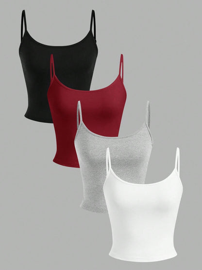 EZwear 4pcs Women's Tight Fitted Cropped Casual Tank Tops In Black, Burgundy, Gray, White