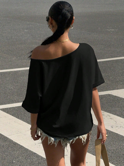 EZwear Black Knitted Loose Fit Sleeveless T-Shirt For Women, Summer Off The Shoulder Top