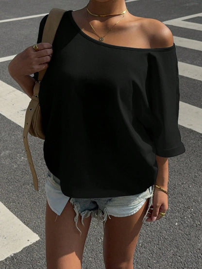 EZwear Black Knitted Loose Fit Sleeveless T-Shirt For Women, Summer Off The Shoulder Top