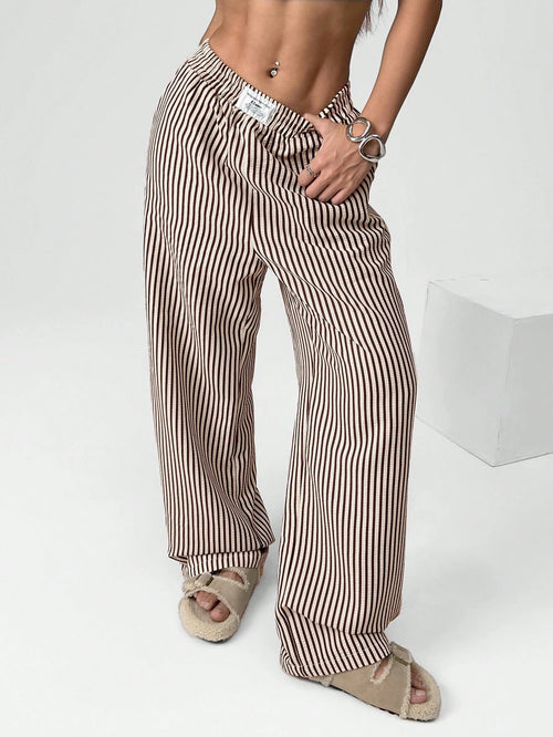 EZwear Brown Striped Woven Casual Wide Leg Pants For Women