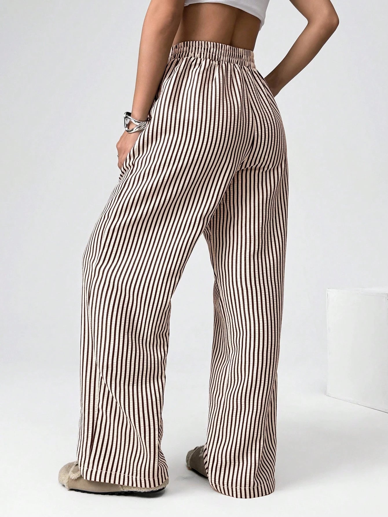 EZwear Brown Striped Woven Casual Wide Leg Pants For Women