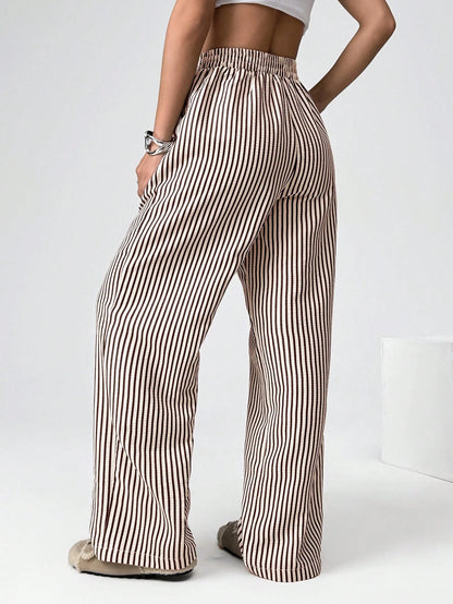 EZwear Brown Striped Woven Casual Wide Leg Pants For Women