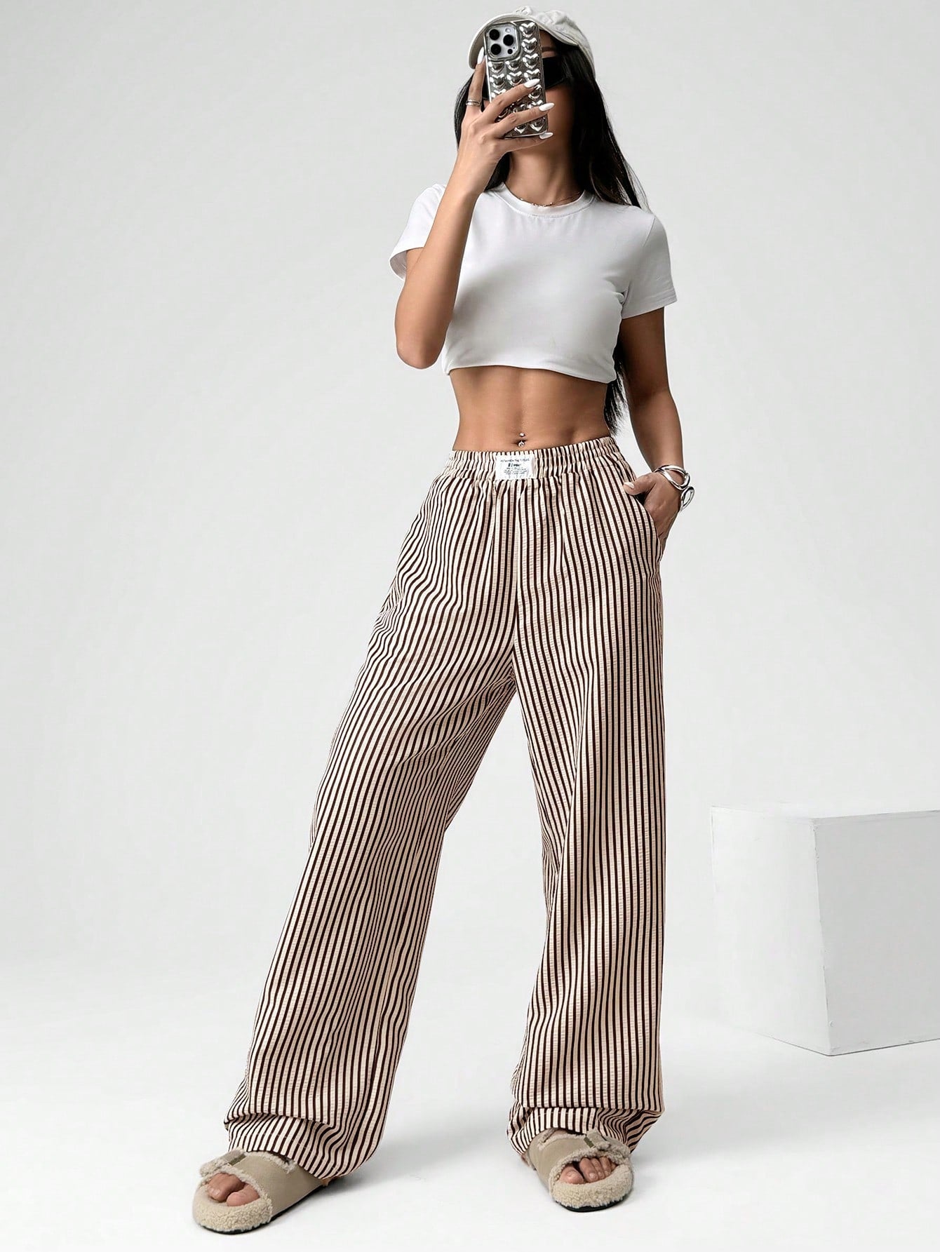 EZwear Brown Striped Woven Casual Wide Leg Pants For Women