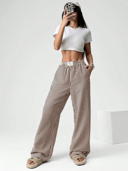 EZwear Brown Striped Woven Casual Wide Leg Pants For Women