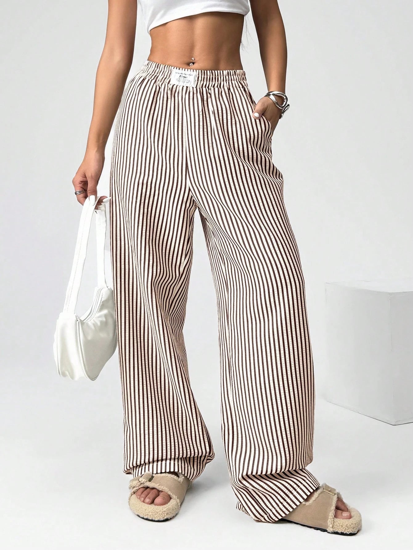 EZwear Brown Striped Woven Casual Wide Leg Pants For Women