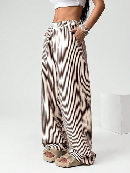 EZwear Brown Striped Woven Casual Wide Leg Pants For Women