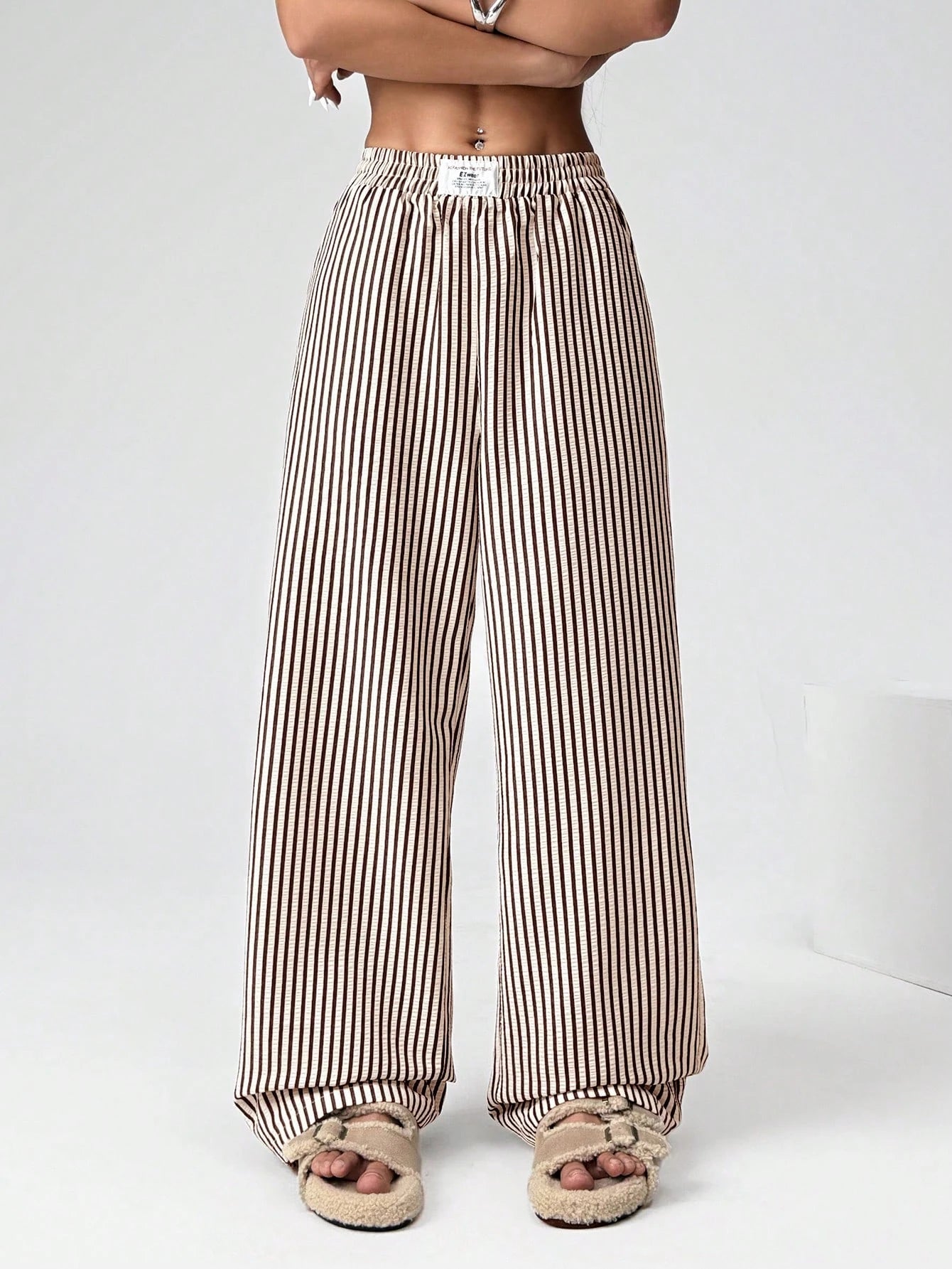 EZwear Brown Striped Woven Casual Wide Leg Pants For Women