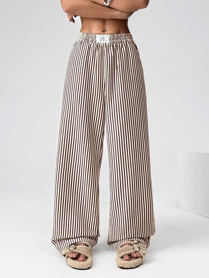 EZwear Brown Striped Woven Casual Wide Leg Pants For Women