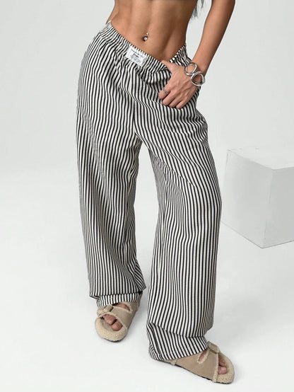 EZwear Brown Striped Woven Casual Wide Leg Pants For Women