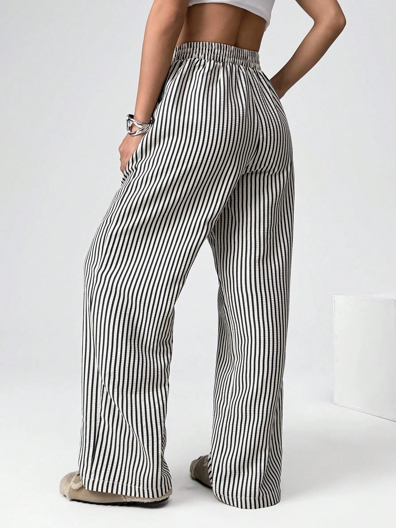 EZwear Brown Striped Woven Casual Wide Leg Pants For Women