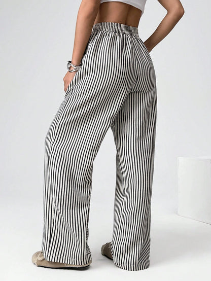 EZwear Brown Striped Woven Casual Wide Leg Pants For Women