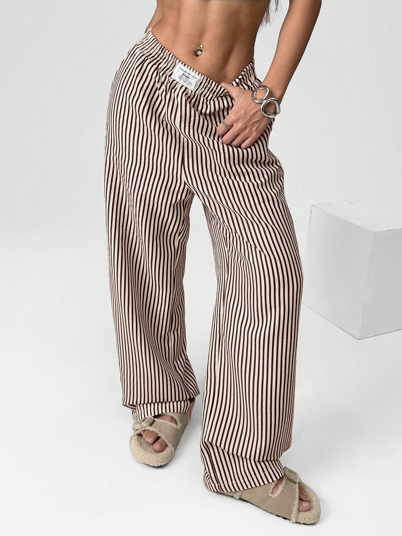 EZwear Brown Striped Woven Casual Wide Leg Pants For Women