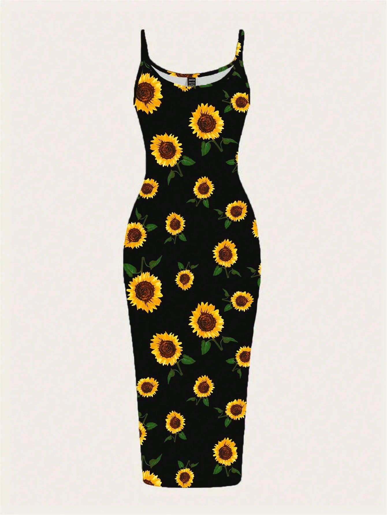 EZwear Casual Minimalist Full Print Sunflower Pattern Slim Fit Camisole Maxi Dress, Suitable For Summer,Bohemian Clothes Chic Dress