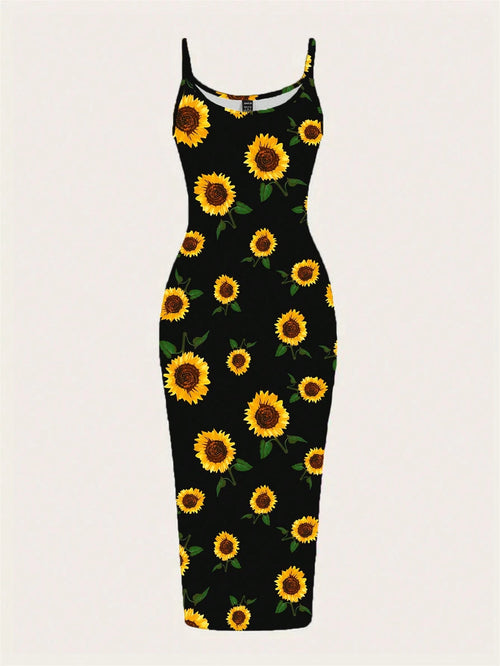 EZwear Casual Minimalist Full Print Sunflower Pattern Slim Fit Camisole Maxi Dress, Suitable For Summer,Bohemian Clothes Chic Dress