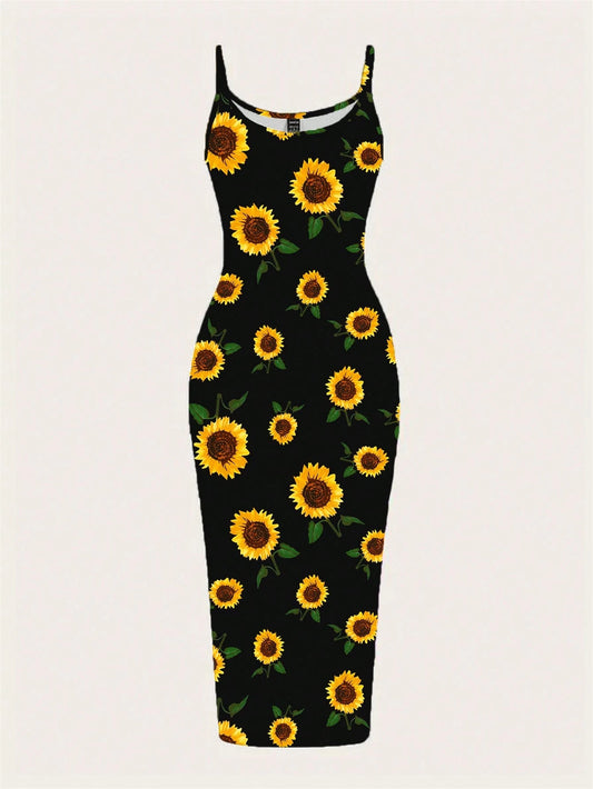EZwear Casual Minimalist Full Print Sunflower Pattern Slim Fit Camisole Maxi Dress, Suitable For Summer,Bohemian Clothes Chic Dress