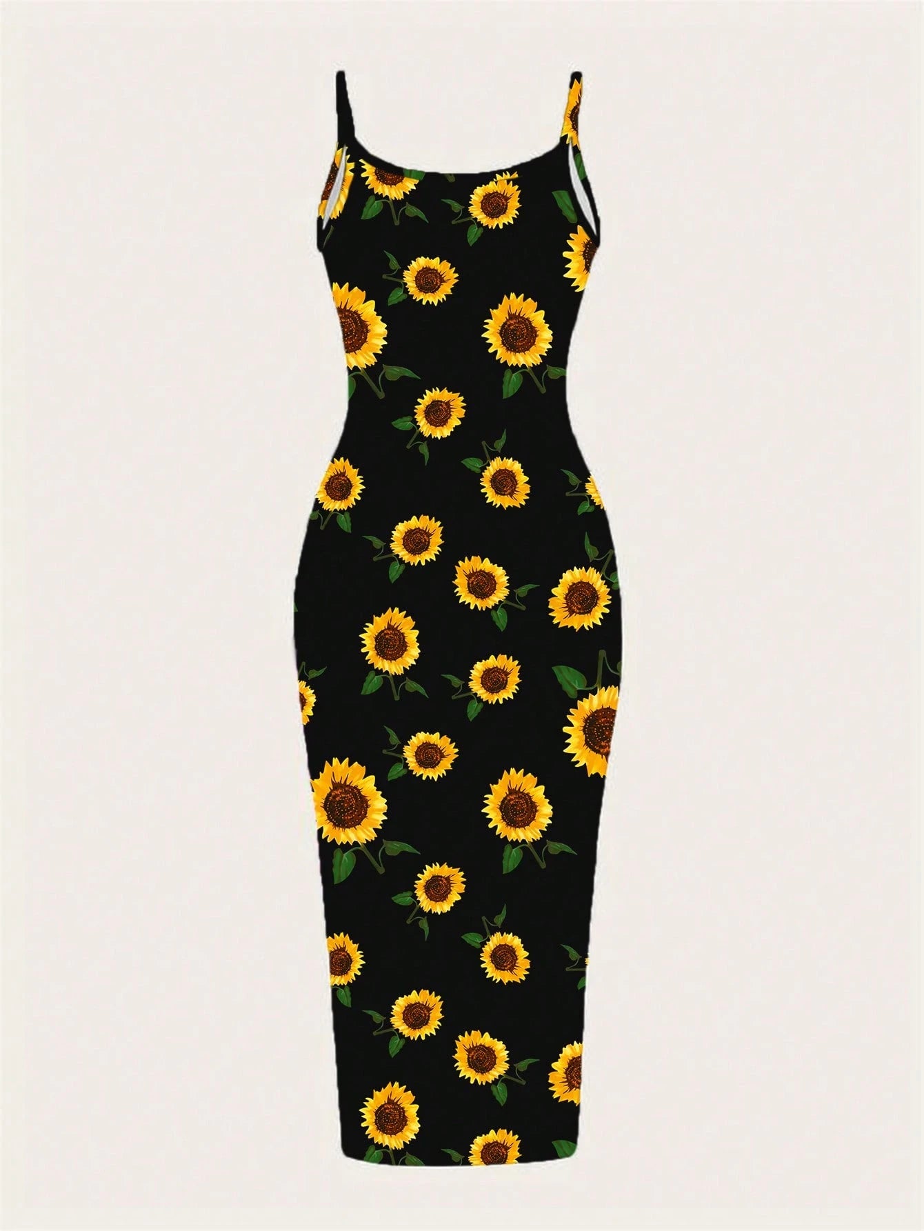 EZwear Casual Minimalist Full Print Sunflower Pattern Slim Fit Camisole Maxi Dress, Suitable For Summer,Bohemian Clothes Chic Dress