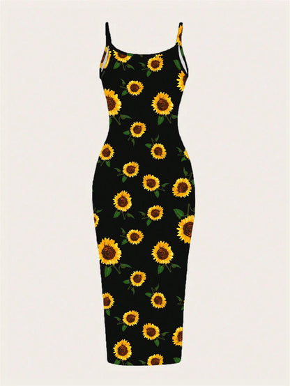 EZwear Casual Minimalist Full Print Sunflower Pattern Slim Fit Camisole Maxi Dress, Suitable For Summer,Bohemian Clothes Chic Dress