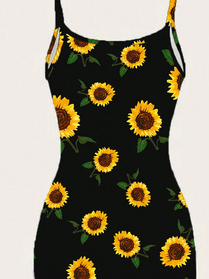 EZwear Casual Minimalist Full Print Sunflower Pattern Slim Fit Camisole Maxi Dress, Suitable For Summer,Bohemian Clothes Chic Dress