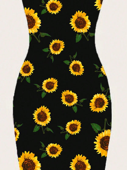 EZwear Casual Minimalist Full Print Sunflower Pattern Slim Fit Camisole Maxi Dress, Suitable For Summer,Bohemian Clothes Chic Dress